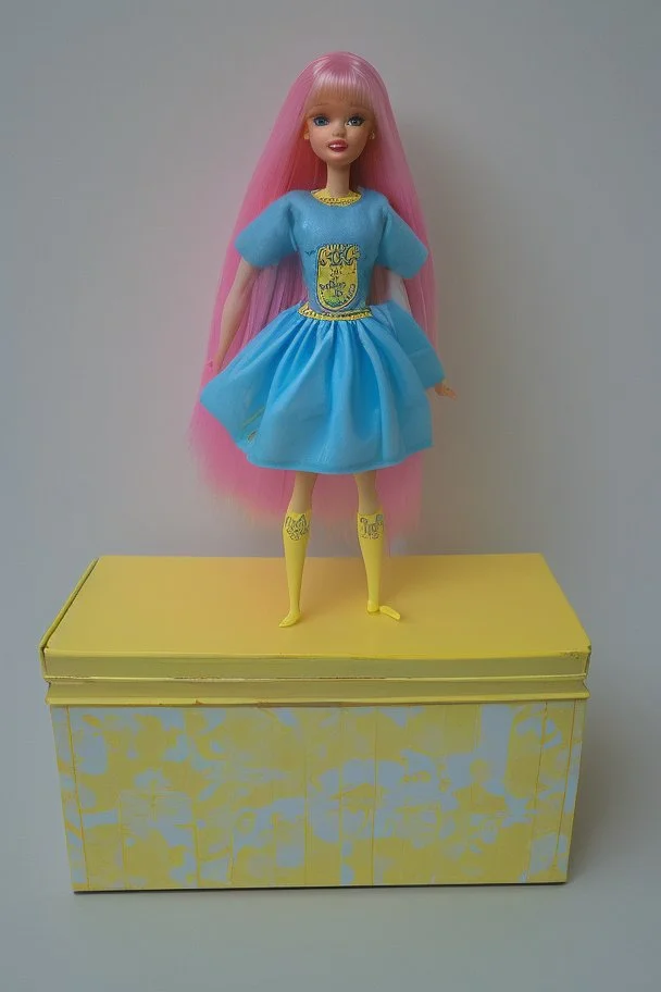 empty yellow and blue barbie doll box