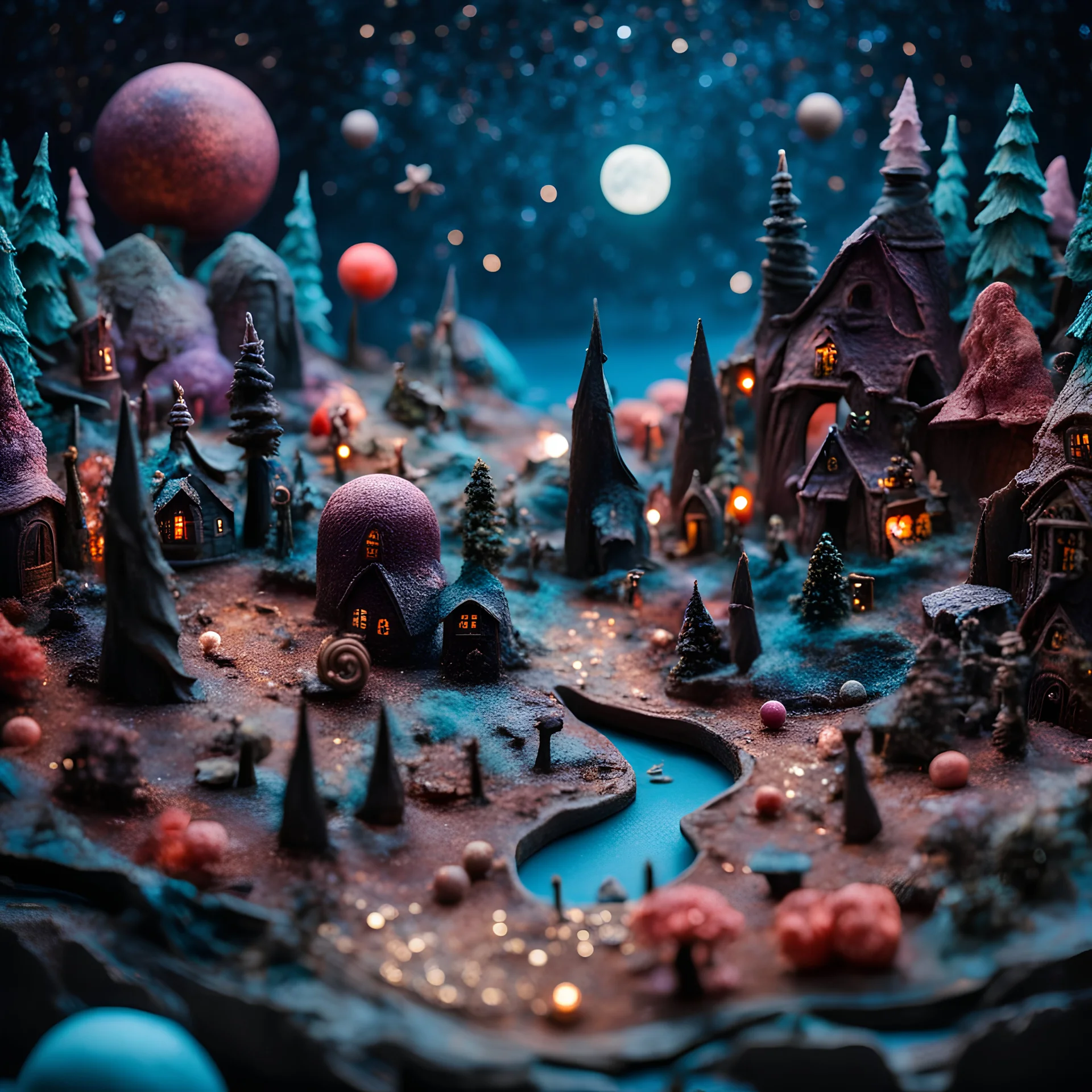 Detailed creepy landscape made of modeling clay, people, village, stars and planets, naïve, Tim Burton, strong texture, extreme detail, Max Ernst, decal, rich moody colors, sparkles, bokeh, wonderful, fantasy, mystical, deep particulars