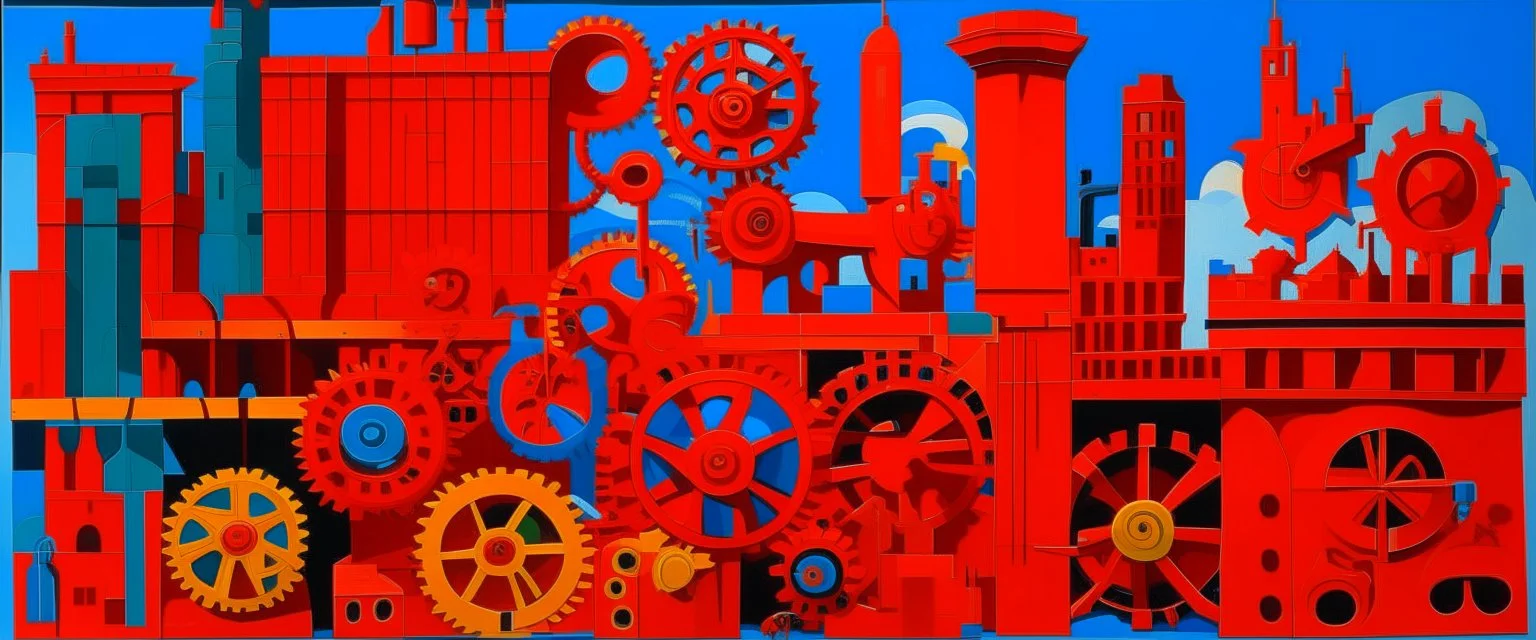 A scarlet metropolis with mechanical gears designed in ancient Greek pottery painted by Stuart Davis