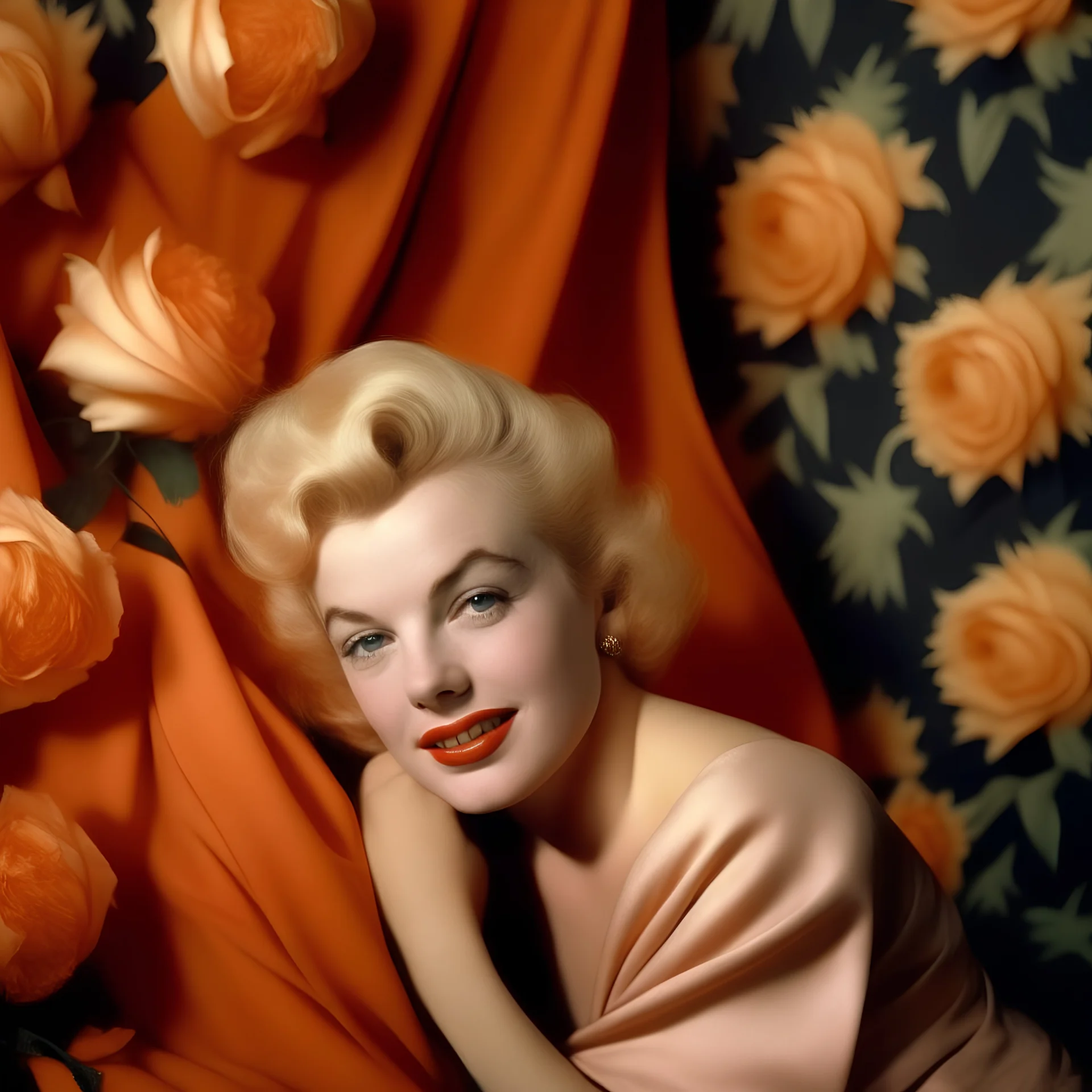 A photograph of childish marilyn monroe,with spiky hair, no make up, in the style of Cecil beaton, a pale orange silk scarf around her shoulders, flowered wallpaper, a rose