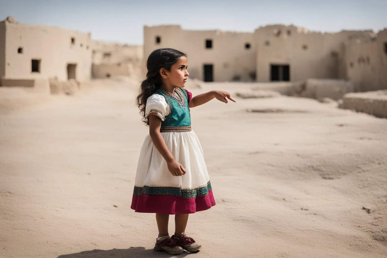 A five-year-old Palestinian girl wearing a traditional dress and new shoes looks to the side and points at a distant building.