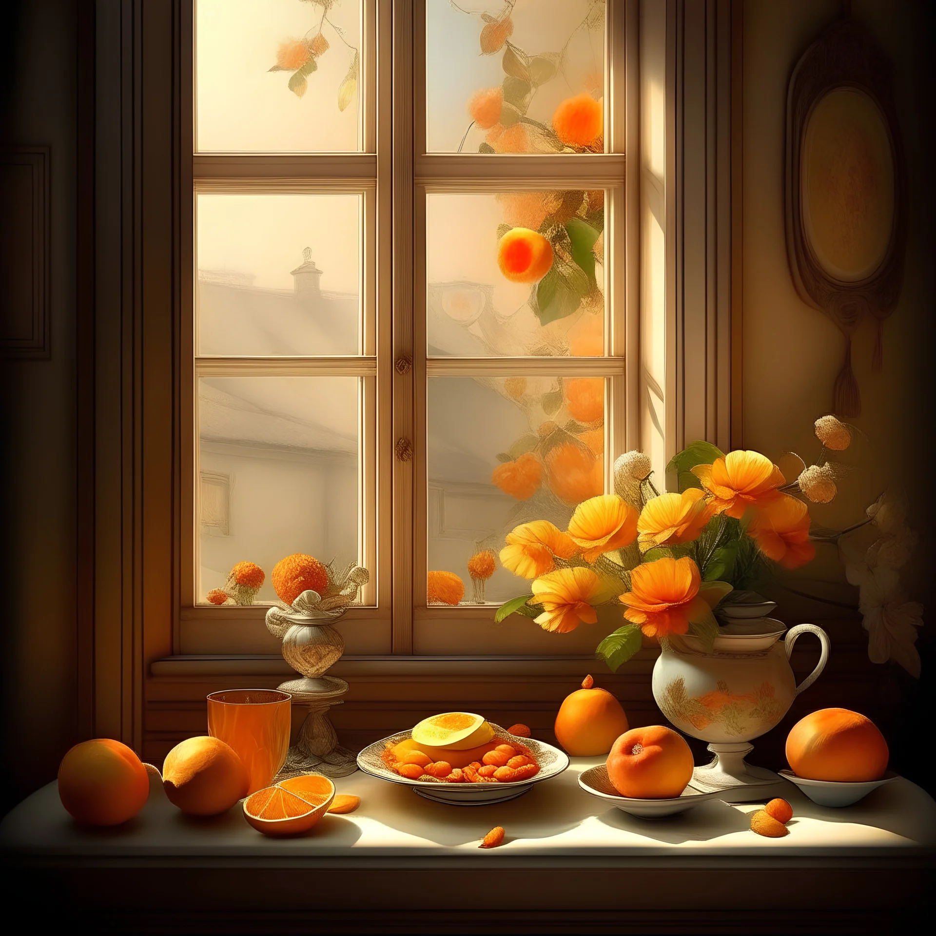 Surrealism showcases a delightful arrangement of light orange flowers and luscious fruits, cup of tea and a plate with a piece of cheese cake gracefully adorning a sun-kissed window sill. Each brushstroke meticulously brings to life the delicate petals and succulent fruits, evoking a sense of opulence and natural beauty. The harmonious blend of colors and textures creates a visual symphony that will effortlessly elevate any space, infusing i
