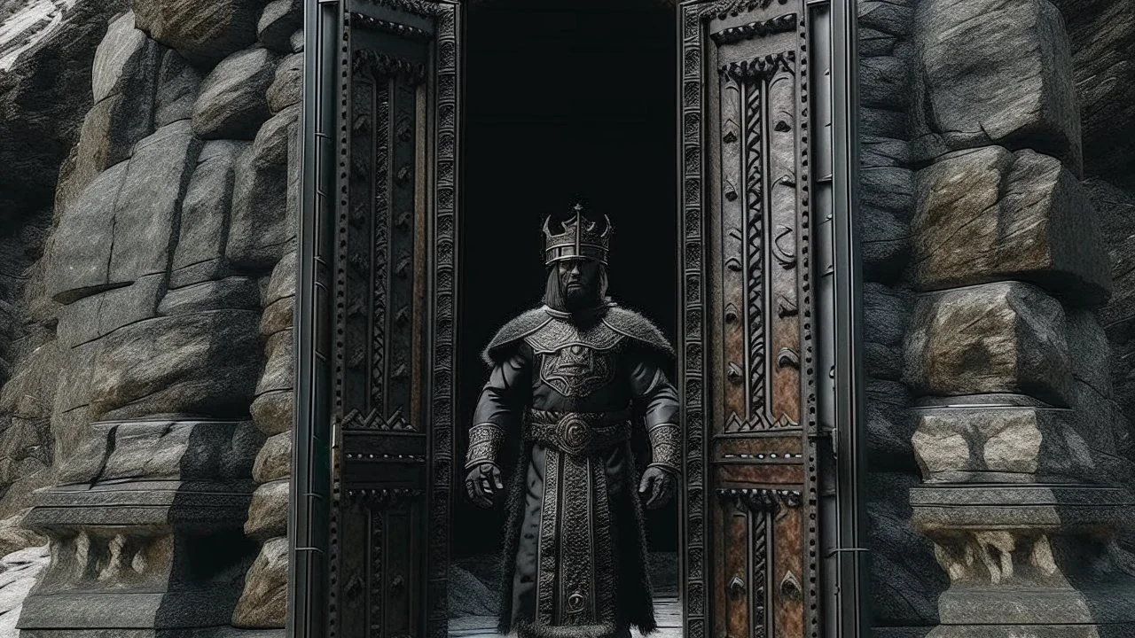 black king stands in front of huge door in mountain