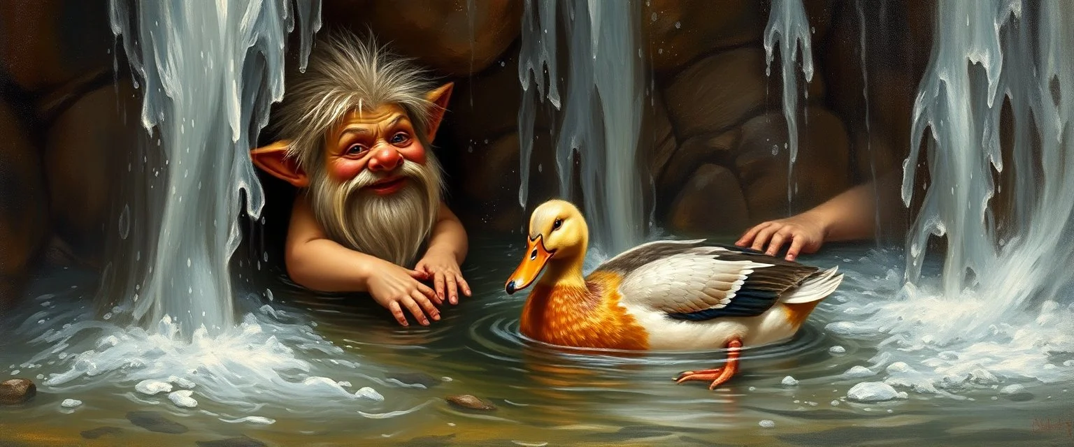 master oil painting by Rembrandt,cute trolls bading baby inside waterfall with huge duck
