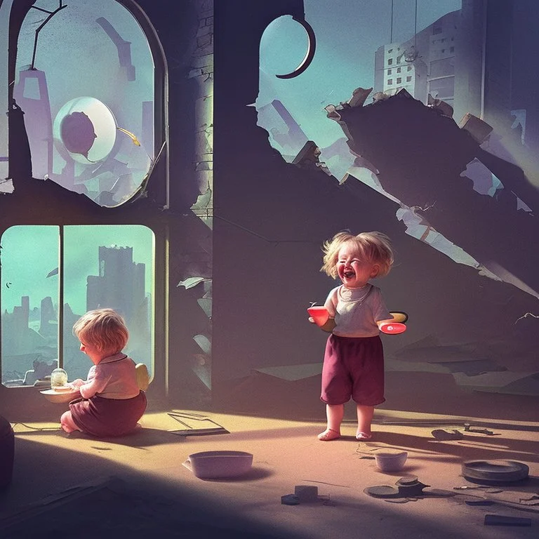 A teapot is shining and a laughing child is looking at it. The child’s image is reflected inside the teapot and behind the child is the reflection of a destroyed city.