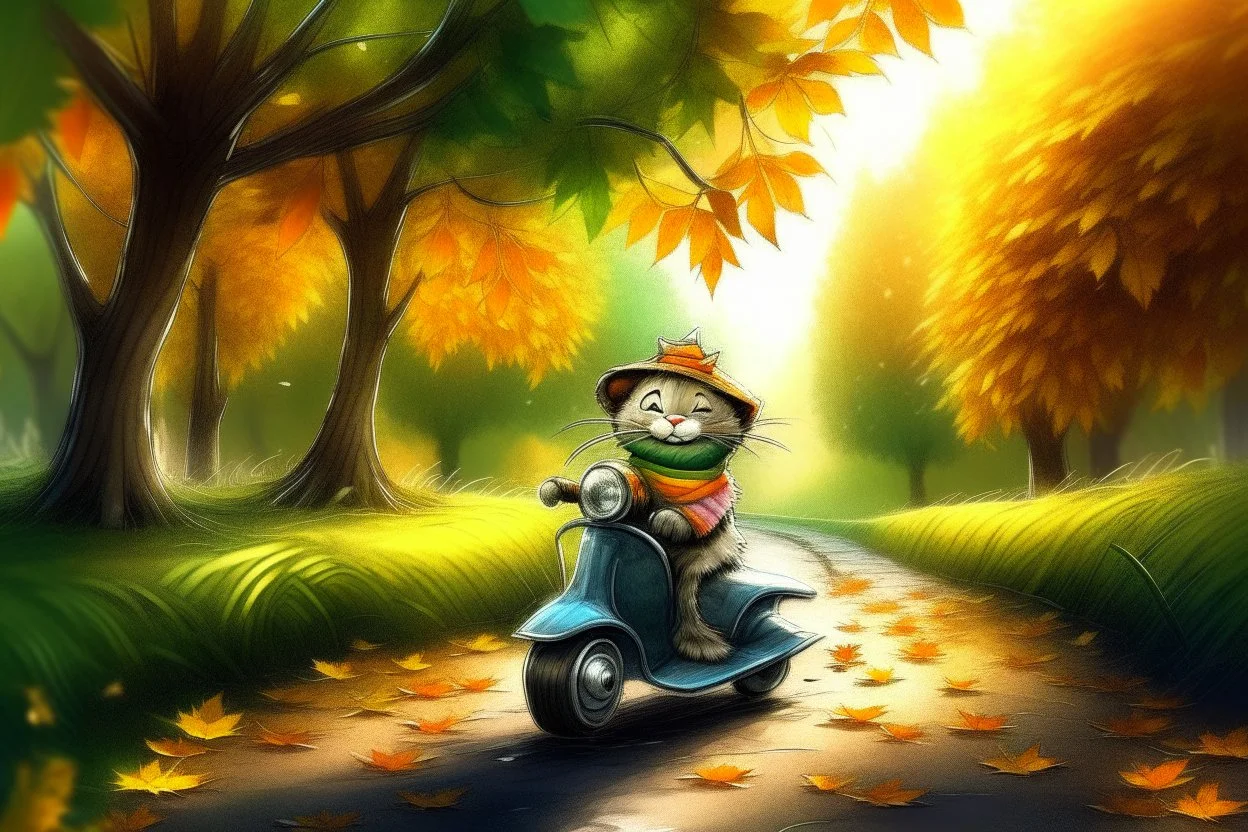 Cute little happy cat scarecrow riding a trike, forest path background, autumn, leaves swirling, waterfall, reflection, mist, sunrise, smooth intricate photorealistic hyperrealistic high definition beautiful lighting pencil sketch watercolor dramatic lighting storybook illustration polished Deep shadows deep color warm light