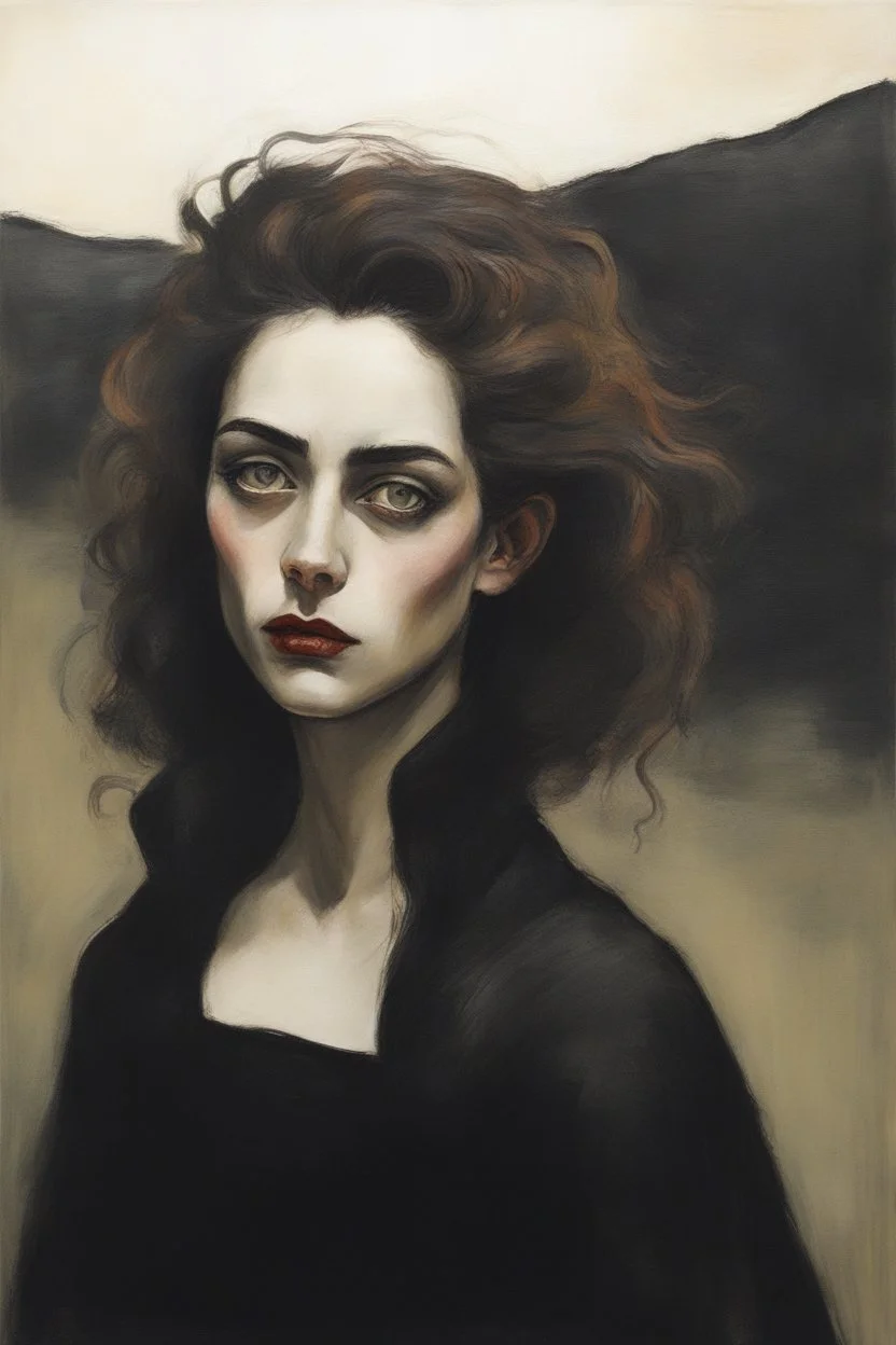 Painting of a Goth vampire girl, with highly detailed hair and facial features in the Expressionist style of Egon Schiele, Oskar Kokoschka, and Franz Marc, in muted natural colors