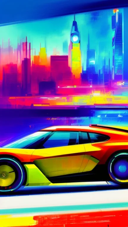 futuristic supercar, hand draw urbansketch art style inspired by Marta Vilarinho de Freitas, flat, vector illustration, urban sketch cyberpunk 2099 blade runner 2049 neon neo-impressionism expressionist style oil painting, smooth post-impressionist impasto acrylic painting, thick layers of colourful textured paint futuristic futurism noir