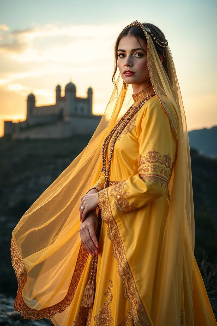 A photorealistic depiction of the Sari Gelin (Yellow Bride) from Azerbaijani folklore. She stands gracefully in a traditional golden wedding dress with intricate embroidery. The backdrop features the ancient fortress of Shusha at sunset. Her expression is melancholic yet beautiful, with ethereal lighting that creates a heavenly glow. Cultural symbols like traditional jewelry and historic patterns are accurately represented.
