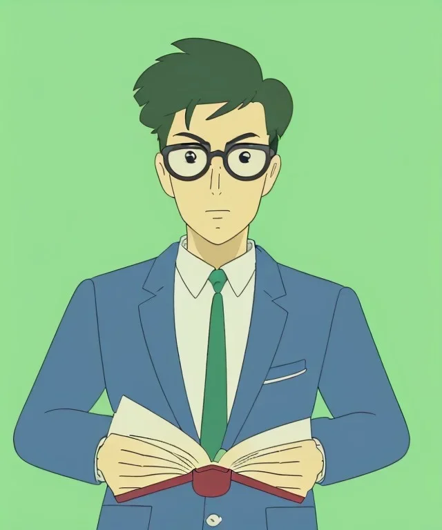 Fit man in round glasses with bookshelf in background,no beard, reading book, slim, tie, monotone, green eyes, comic book style, two tone colours, detailed, ink, realistic, handsome, square jaw, big brows, no jacket, bird on the shoulder, spotlight