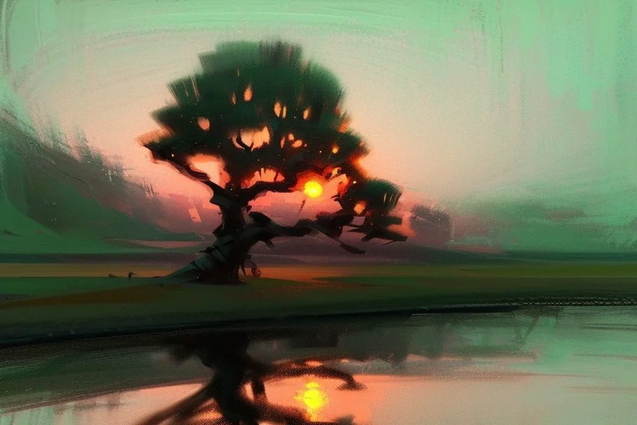 one tree, night, lagoon reflection, sci-fi, epic, lesser ury and otto pippel painting