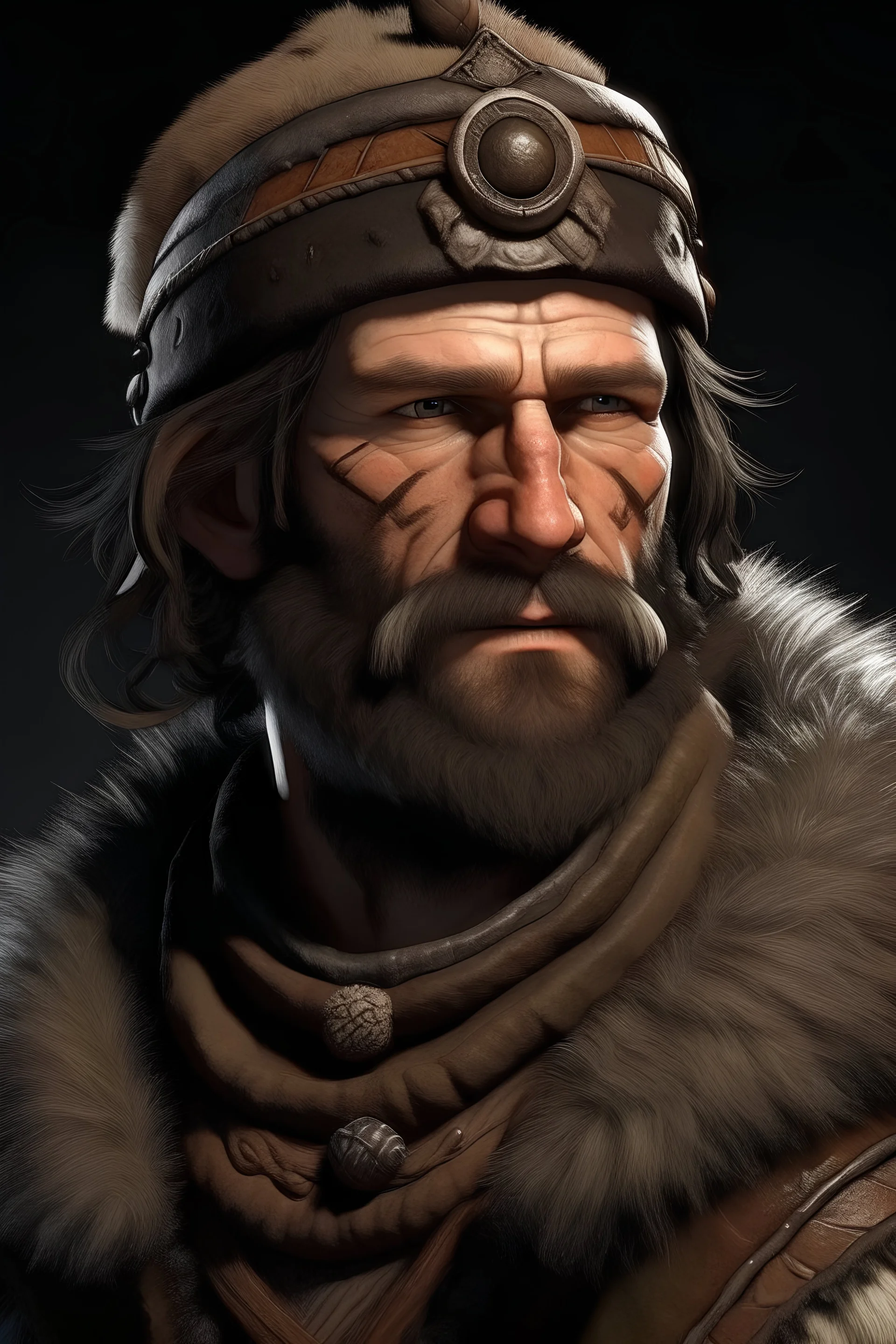 A rugged human barbarian with mutton chops and wearing winter clothes.