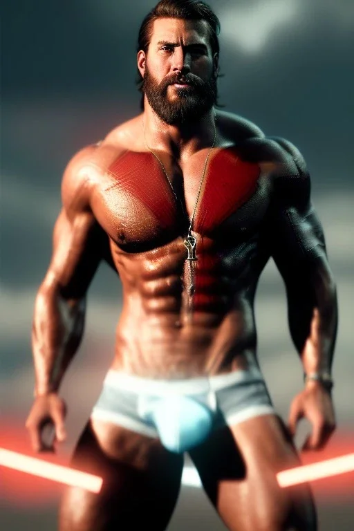 Ignore NSFW, teenager young rugged attractive slightly muscular fantastic handsome man, red briefs with yellow belt, hairy chest, (((visibly pisssing))) briefs, large erect visible boner peniss, photorealistic, artist Jay Anacleto, soft lighting, scruffy beard