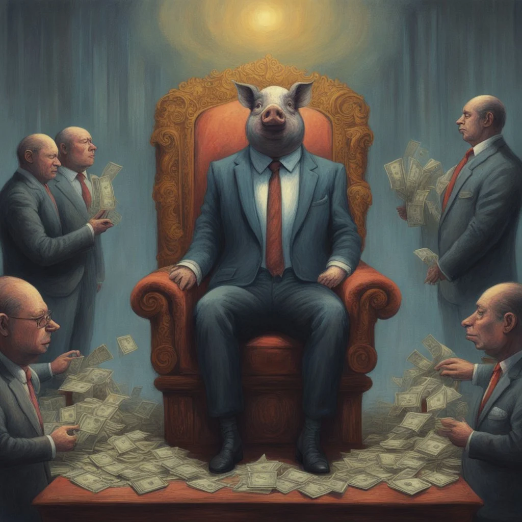 rich pig in suit on a throne making stacks of money by making a deal with a buisnessman. background of musicians. beksinski style