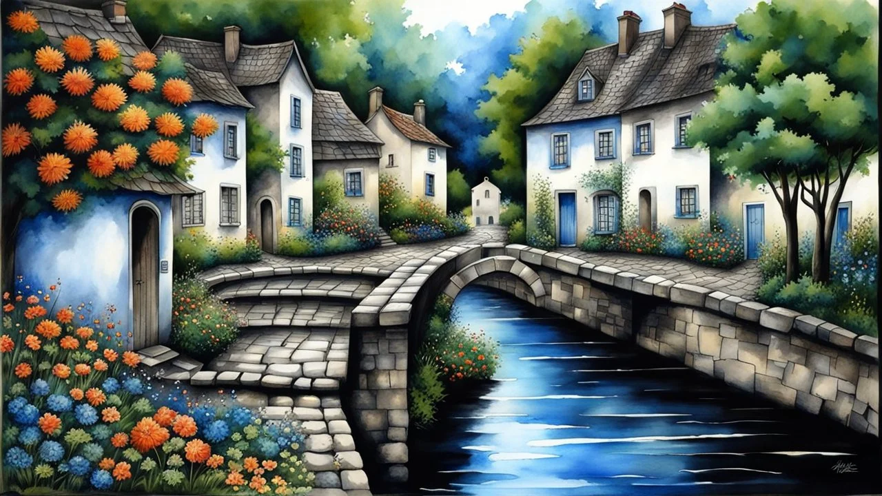 The ink was art, black and white colors with blue and silver watercolors, splash art, fine details with graphics, old vintage village in summer rain, cobblestone street, bushes, trees, flowers, the passing of time, the atmosphere of the good old days floats around, calm and quiet serene, dim lights, highly detailed, intricate, masterpiece