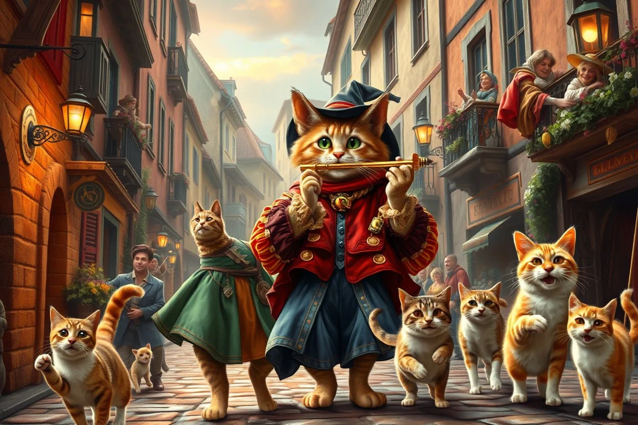 create "The Cat Pied Piper of Hamelin, whimsical and colorful Renaissance attire, playing a golden flute, leading playful and mischievous cats through vibrant, cobbled Renaissance streets, people on balconies laughing and pointing, surreal lighting, dreamlike vibe, highly detailed, vivid colors, painterly style, 8K, magical realism meets historical fiction --v 7 --ar 4:3 --style raw --q 2"