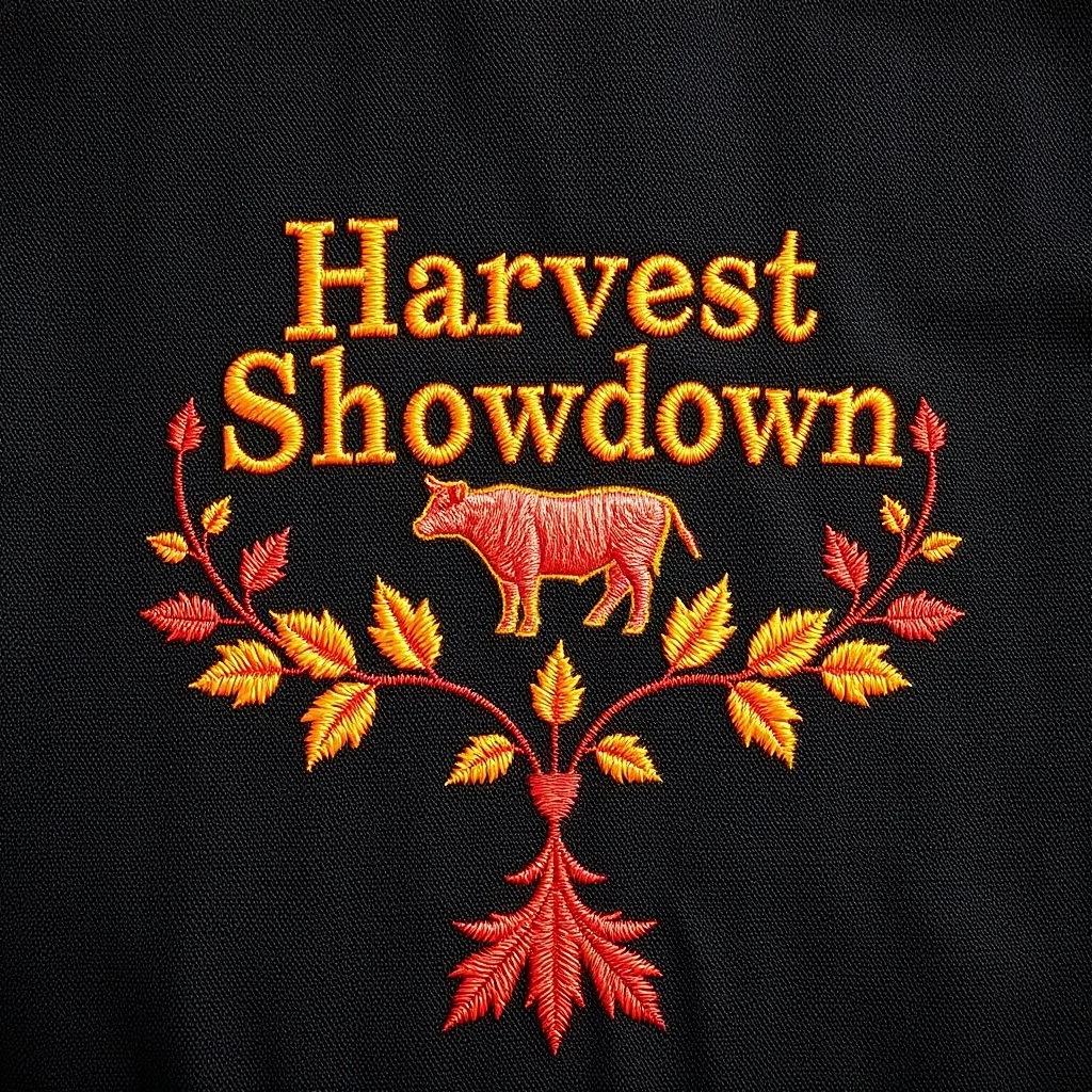 an autumn colored textured cloth embroidered ornamental leaves and cattle, pointed bottom, on dark background, embroidered text across top "Harvest Showdown", Canadian western cowboy style