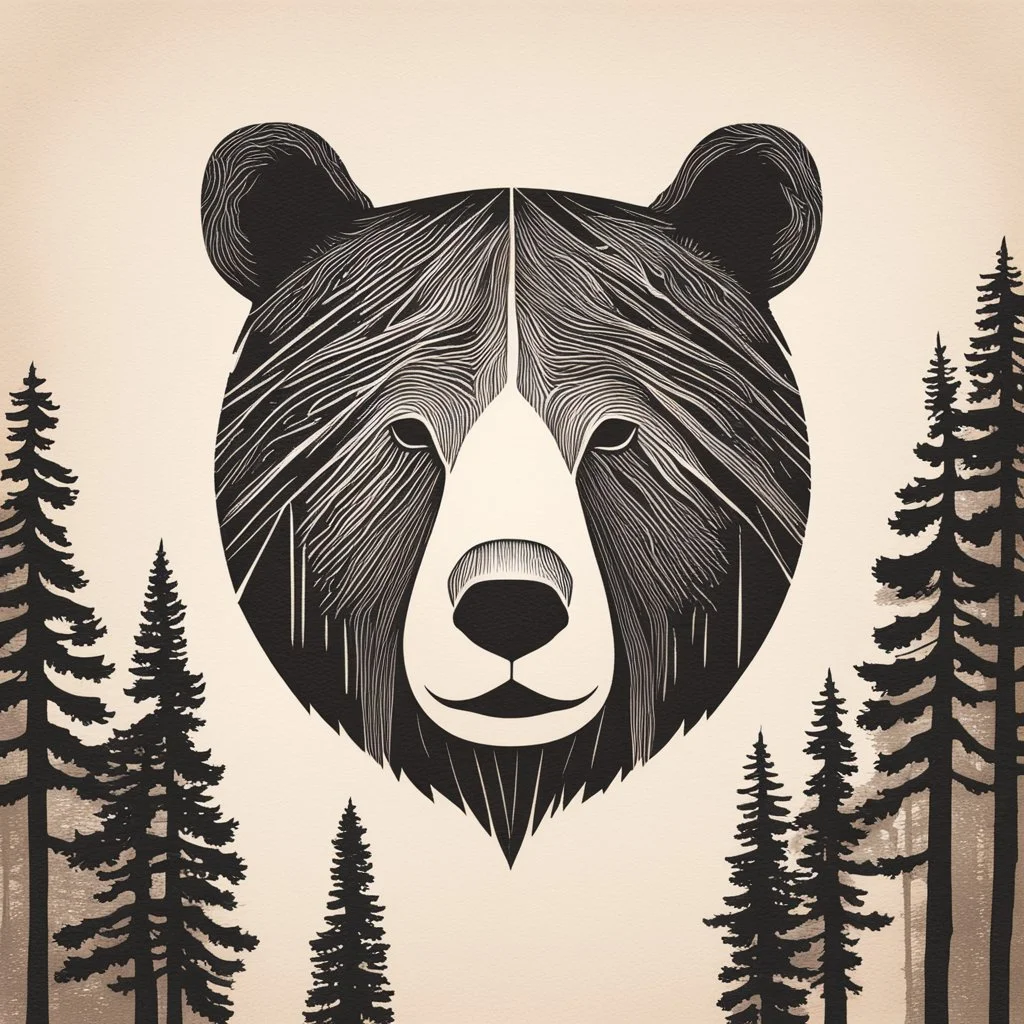 M shaped bear head combined with woods silhouette in background, letterpress style, minimalistic pencil art