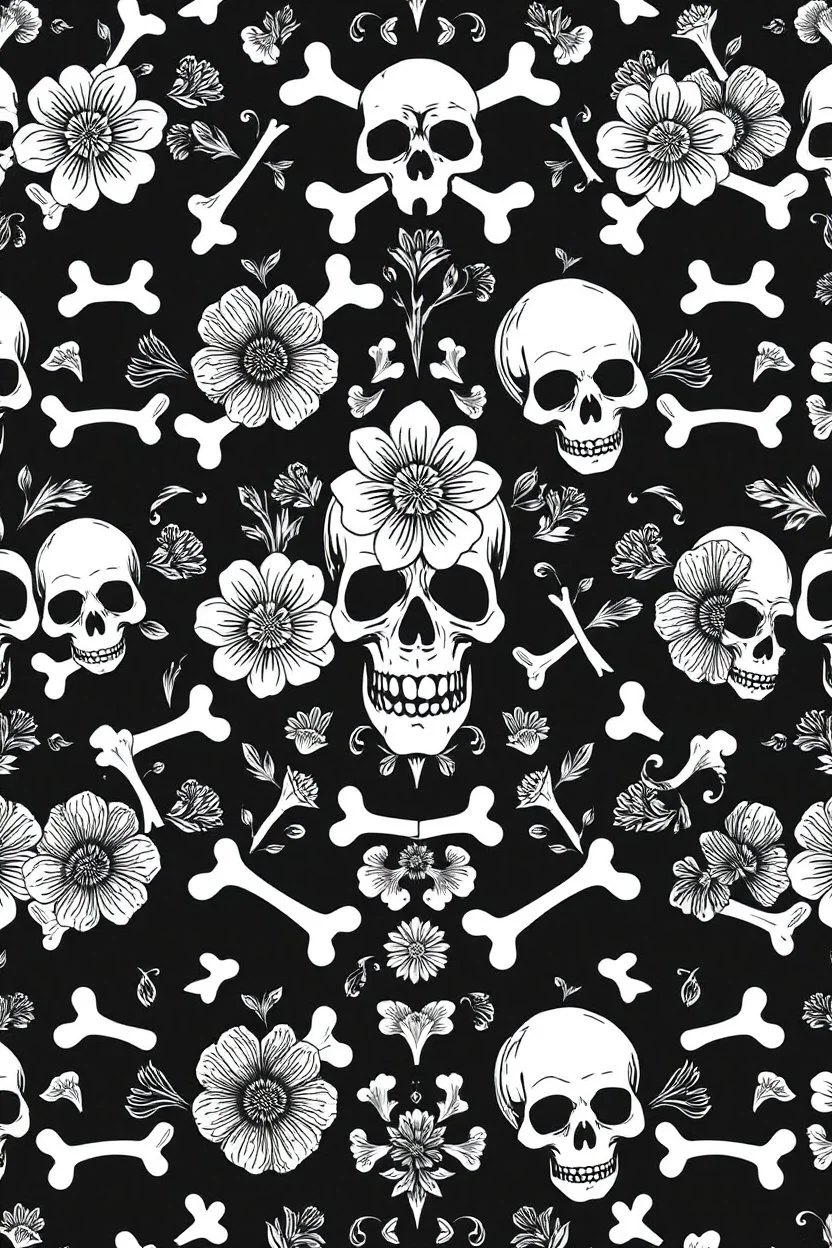 gothic pattern of bones, flowers and skulls, black and white