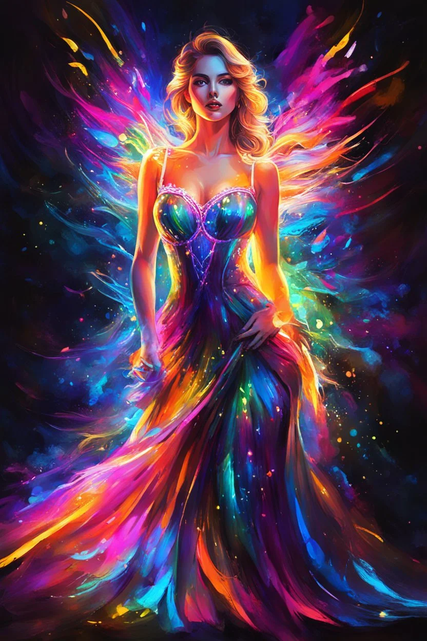 Beautiful woman with dress painting art neons glowing bright light in the dark and colorful details