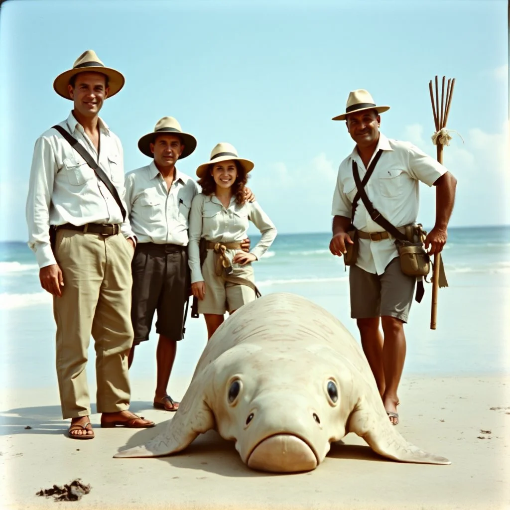 1930's washed out faded color photography of European explorers dressed in kakhi pants and clean pressed white button-down shirts and safari hats posing with an Samoan native guide on a beach, giant eely sea creature washed up on beach in front of them