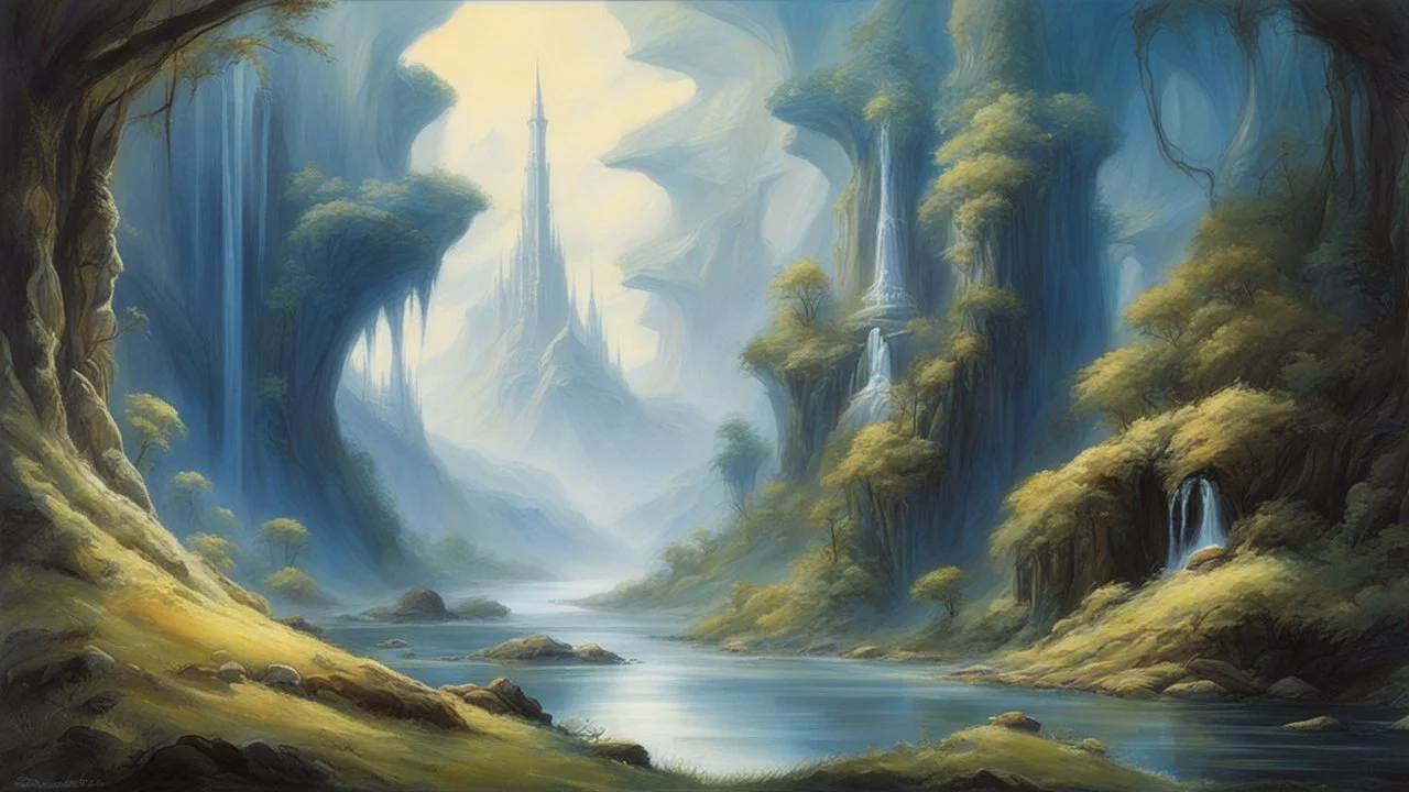 Style John Howe, parallel world, dream world, calm beauty, fantasy world, magic, beautiful composition, exquisite detail, realistic, fascinating