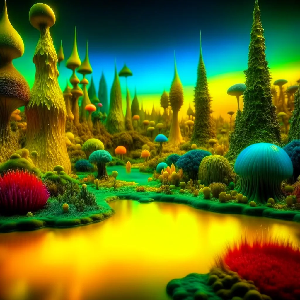 Odd swamp landscape with odd beings surreal abstract Max Ernst style, 120mm photography, sharp focus, 8k, 3d, very detailed, volumetric light, grim, fine art, very colorful, ornate, F/2.8, insanely detailed and intricate, hypermaximalist