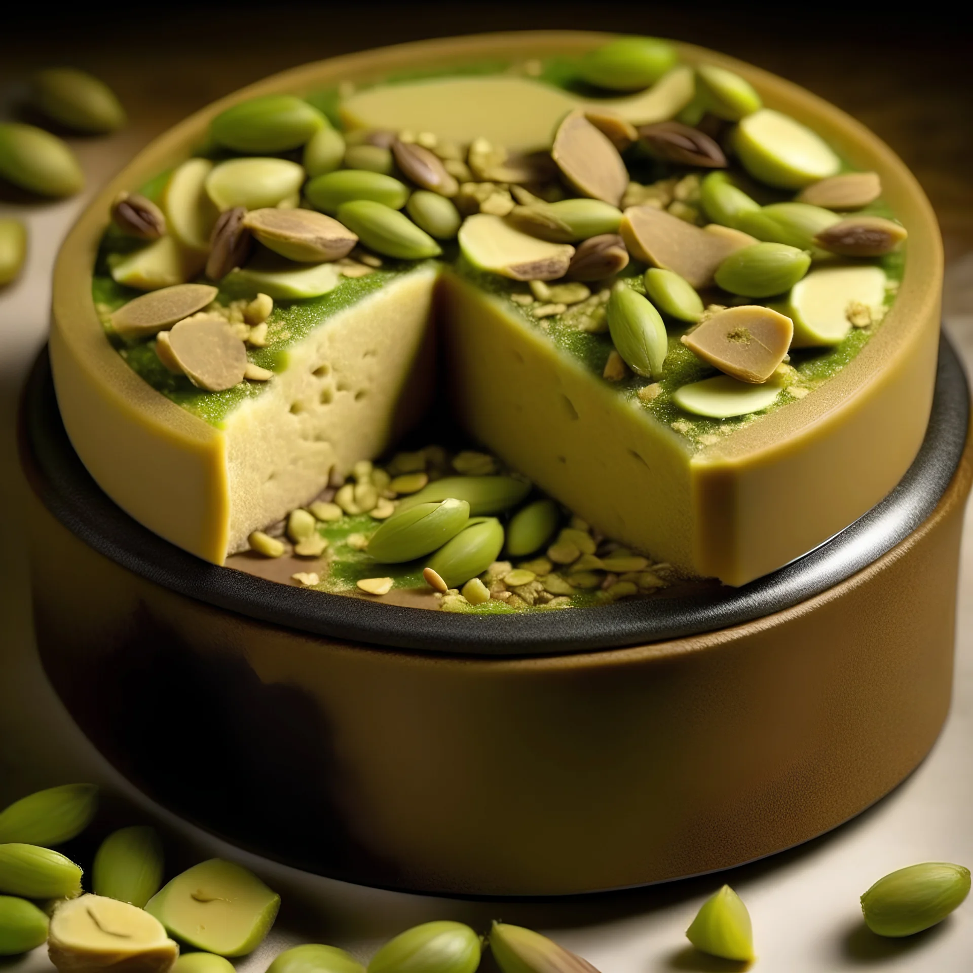 A round box of halva, surrounded by pieces of pistachios