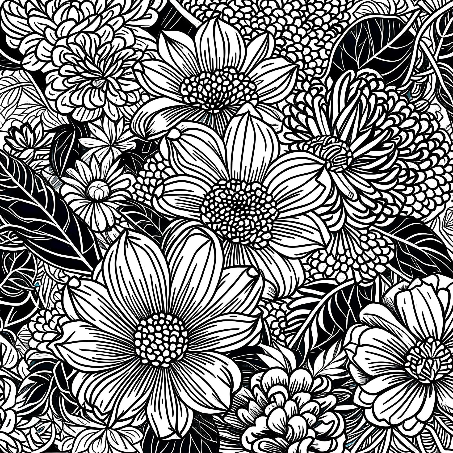 floral print, comic book style, artline,2d, only black and white, white background, black lines, only white