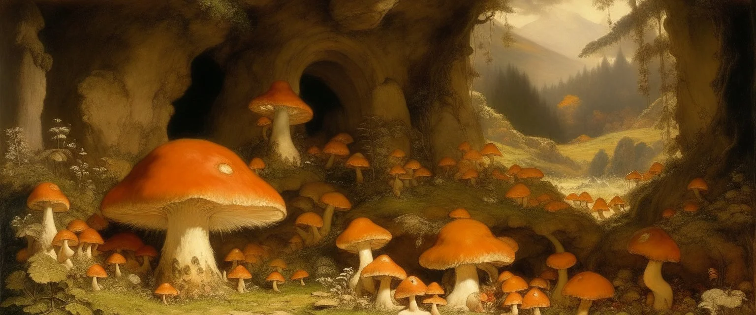 A light orange fairy kingdom filled with mushrooms painted by Gustave Courbet