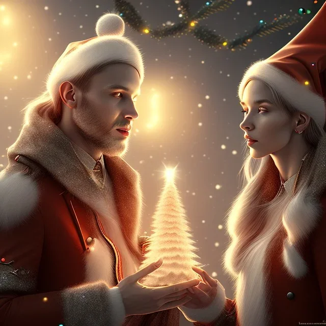 two elves. woman and man. Christmas scene. photorealistic. low-key