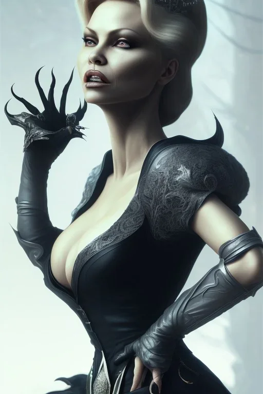 Pamela Anderson as evil queen in black leather, leather, busty, cleavage, angry, stern look. character design by cory loftis, fenghua zhong, ryohei hase, ismail inceoglu and ruan jia. unreal engine 5, artistic lighting, highly detailed, photorealistic, fantasy