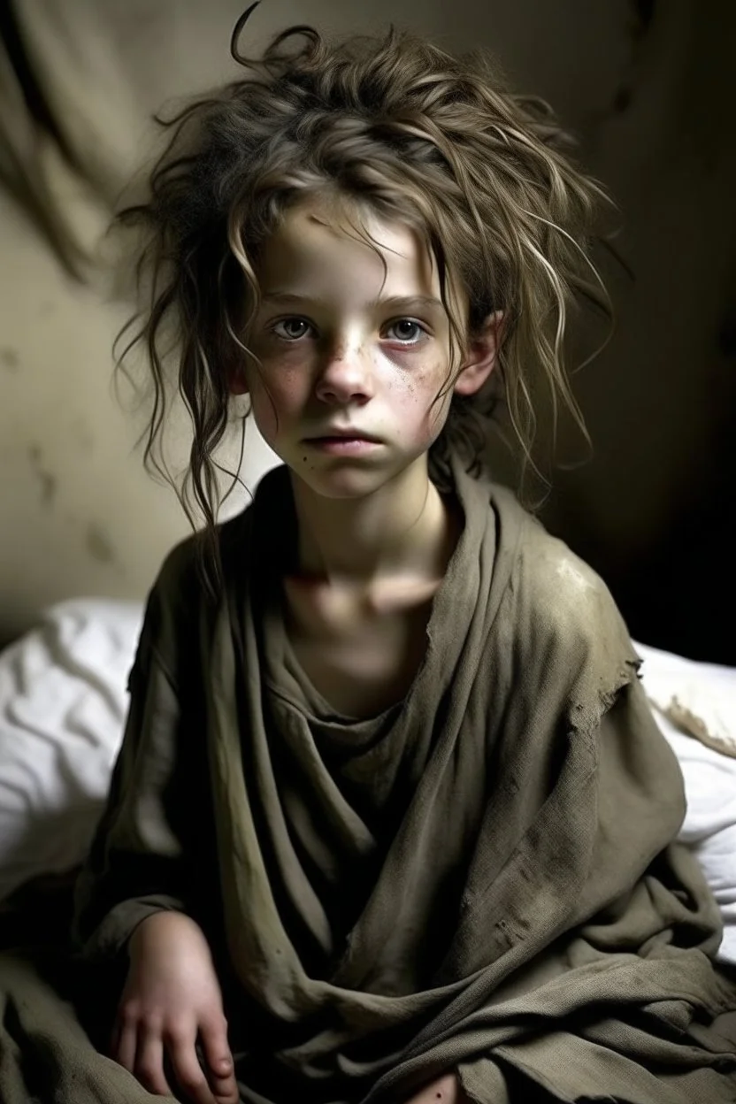 very thin 12 year old girl, dressed in rags, messy haircut, A Cure for Wellness style, full figure