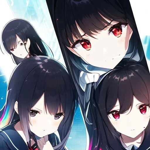 Clear focus,High resolution,High quality,Epic battle scene comic style, With 2girls, with color, anime girl with black hair with rainbow hair, the other girl as black hair, the first girl has red eyes, the other has black eyes, they are both wearing a school uniform