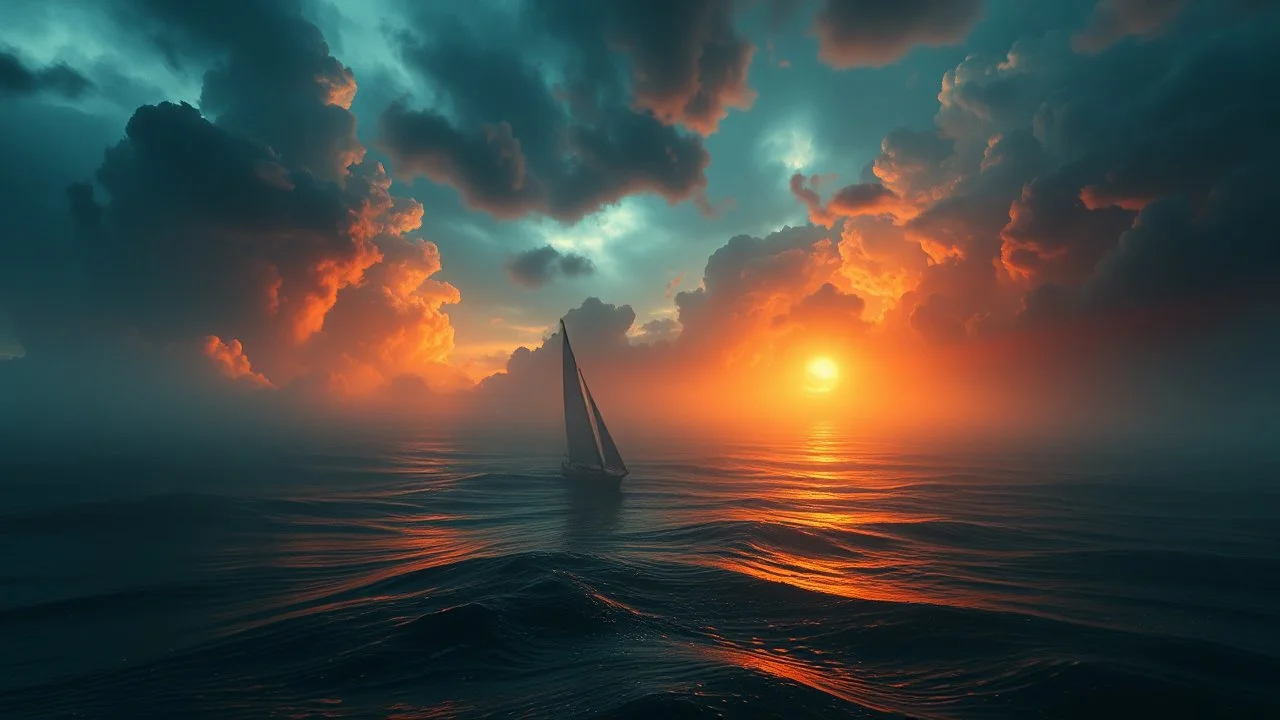 surreal dreamlike mood, stunning and atmospheric, deep colors, detailed, cinematic, Életünk első szakaszában jellemzően sodródunk valamifajta mozgó tengerben, ahol az idővel nem foglalkozunk semmilyen szerepe nincs a számunkra, tellik és azokkal az eseményekkel sodródunk amik ott és akkor felmerülnek. Az idő végtelen óceánjában egy parányi lehetőséget kapunk, hogy eljàtsszuk szerepeinket, hogy a végén visszataláljunk az idő nélküliségbe. , stunning. etheral, masterpeace