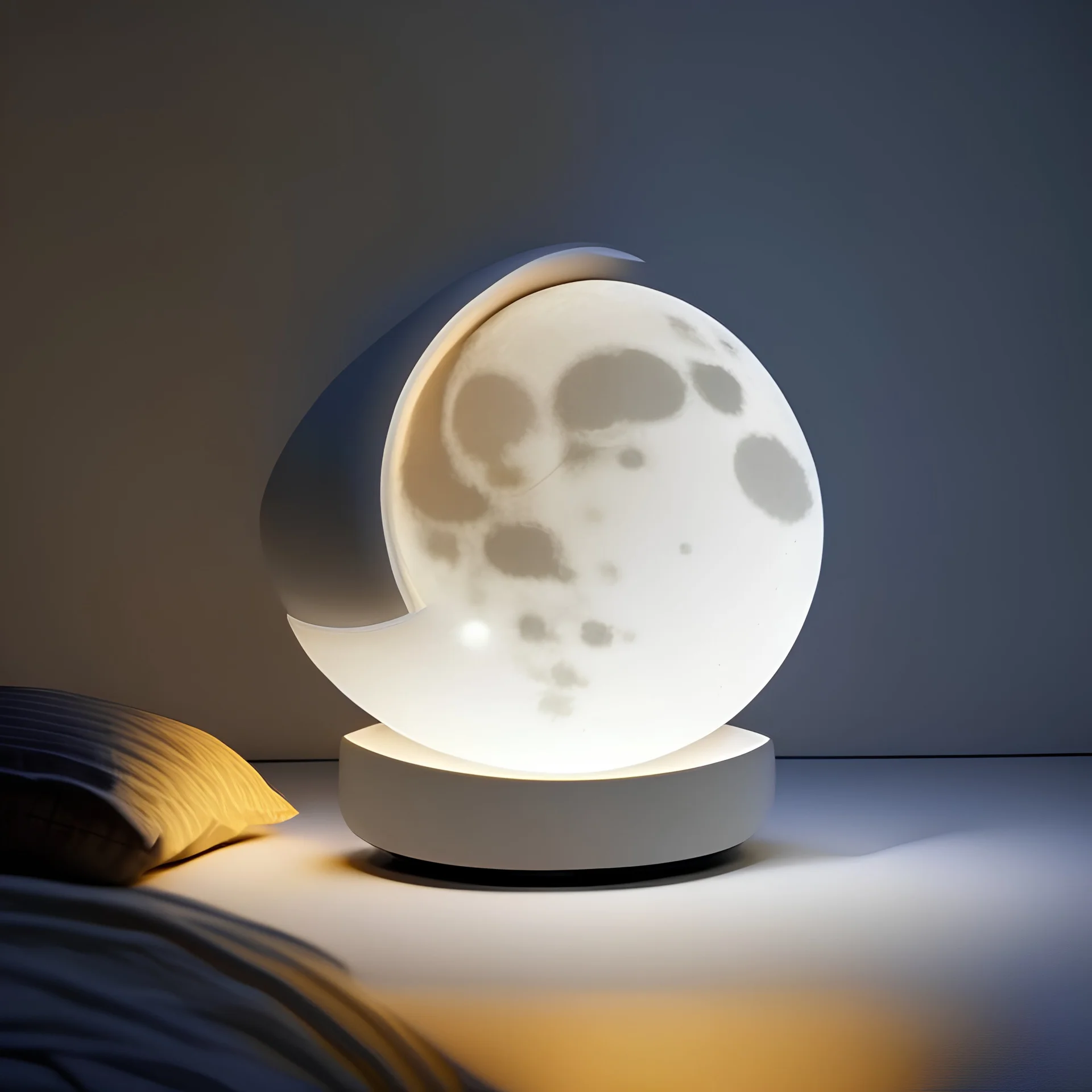 Product design for a bedside smart lamp that is shaped like a moon and follows the moon cycles in real time