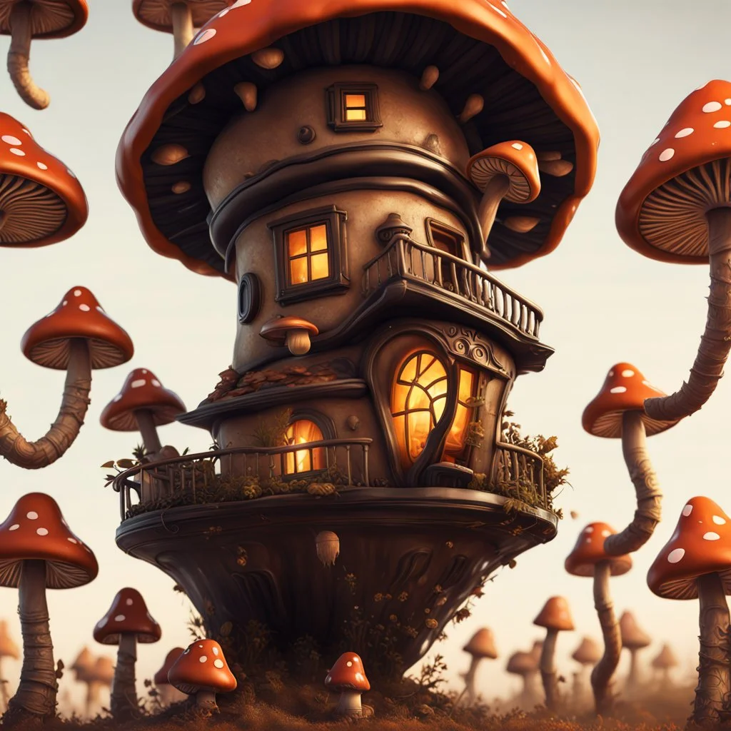 A funny floating mushroom house in space. warm neutral colors, black, Detailed gloss Painting, rich color, fantastical, intricate detail, splash screen, hyperdetailed, insane depth, concept art, 8k resolution, trending on Artstation, Unreal Engine 5, color depth, dynamic lighting, splash art, dramatic, masterpiece, excellent quality beautiful Fun Imaginative, unique, great composition