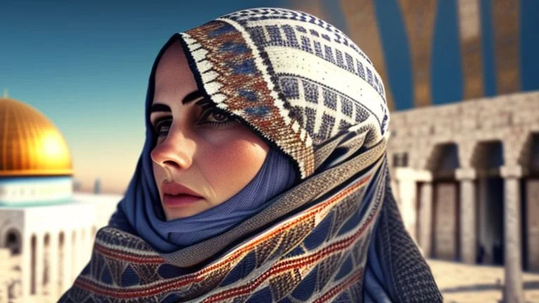 A woman wearing a keffiyeh holds the Dome of the Rock in her hands