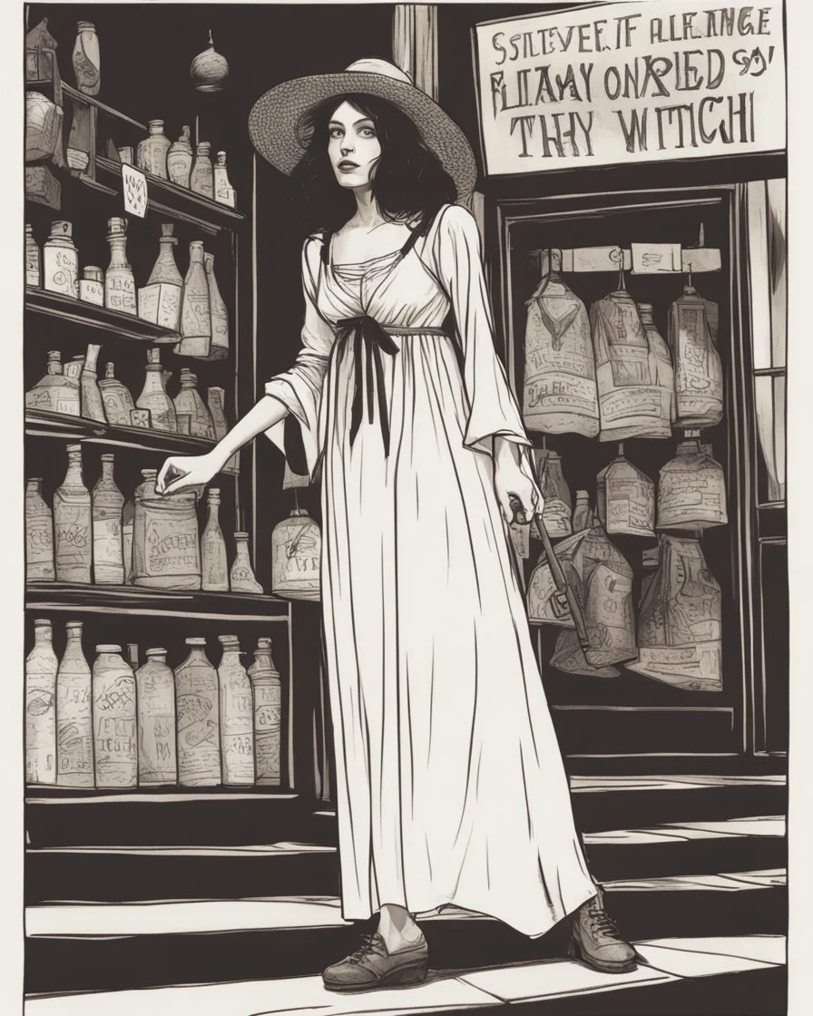 full-length, young woman dressed like a modern-day witch, floaty clothing, with dark hair, outside a shop