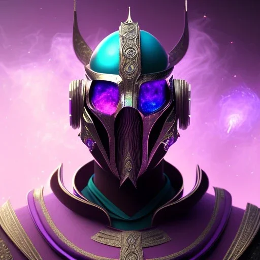 full body medieval purple masked villain in galaxy, teal and purple smoke, detailed, realistic, 4k