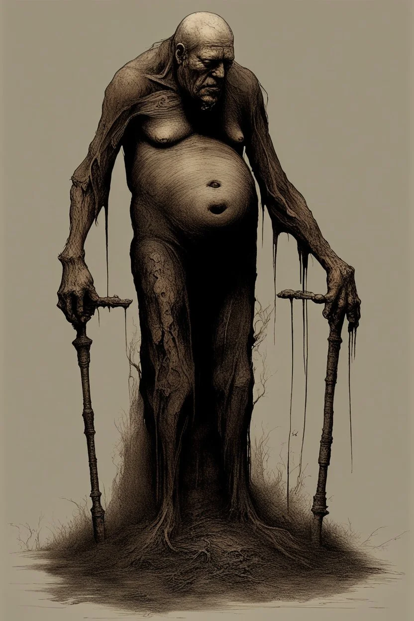 The full body of a fat man holding a cane , decayed and rotting with grotesque proportions and imagery. surreal horror, biomechanical design, by hr giger and beksinski
