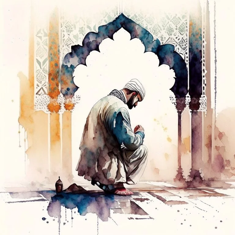 A man is praying namaz, background of islamic pattern, watercolour painting