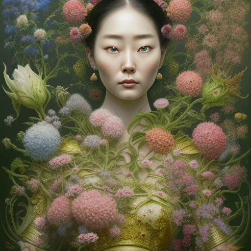 a painting of a woman surrounded by flowers, a surrealist painting, by Ikuo Hirayama, naotto hattori, detailed face with mask, draped in rich green and pink, gong li, ayami kojima and yoshitaka amano, alexey egorov, stems, (collage), hiromasa ogura, yang qi --ar 2:3