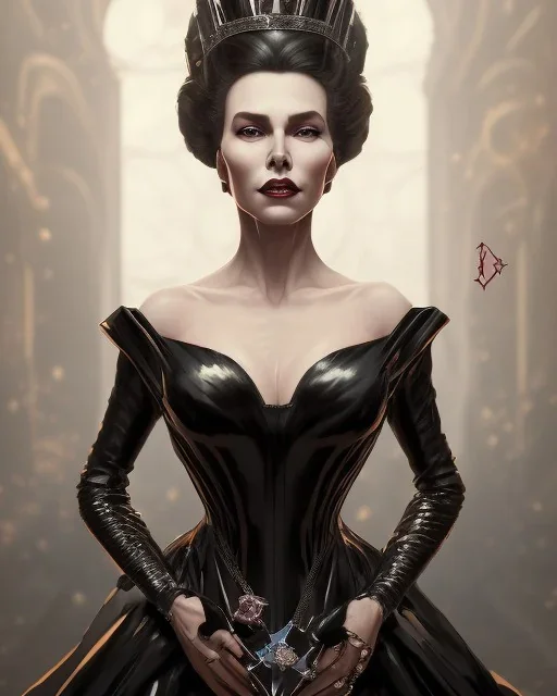 old evil queen in black leather gown, femme fatale, volouptous, busty, cleavage, angry, emperious, 8k resolution concept art portrait by Greg Rutkowski,