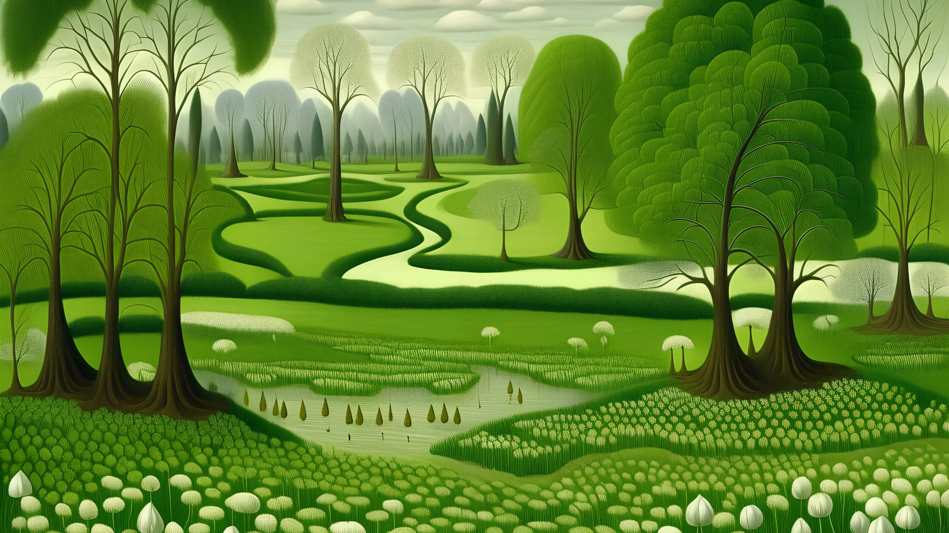 A spring green wetlands with garlic shaped trees painted by Edward Hicks