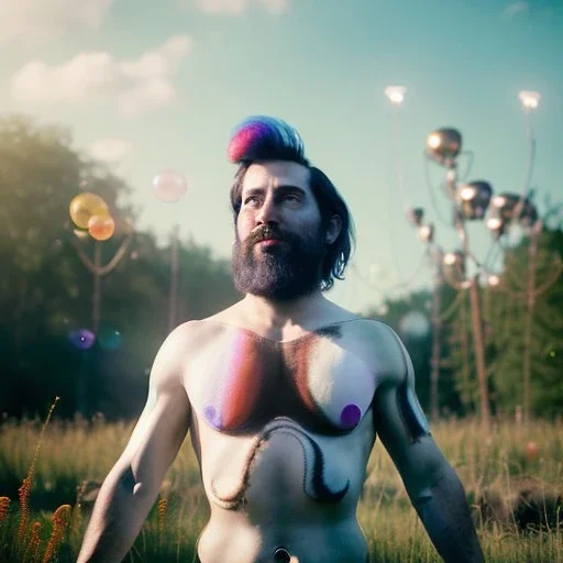 Ultra realistic circus scene. Sweet hair monster dancer man., night, smooth color, waist up view, Wes Anderson style, happy, bubbles, butterflys, dark ambient, highly detailed, concept art, unreal engine 5, god rays, ray tracing, RTX, lumen lighting, ultra detail, volumetric lighting, 3d, finely drawn, high definition, high resolution.