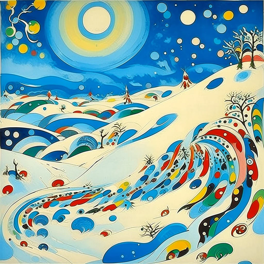 A pale bluish white snowfield with falling snowflakes designed in African pottery painted by Wassily Kandinsky