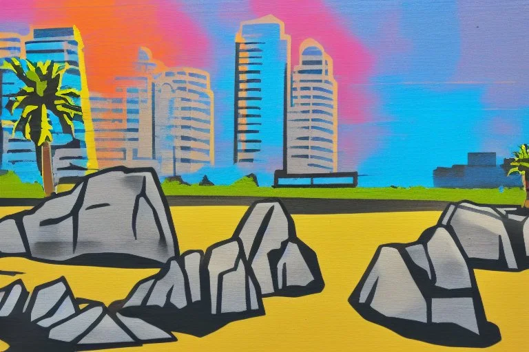 Sunny day, people, rocks, sand, distant modern city, stencil painting with color