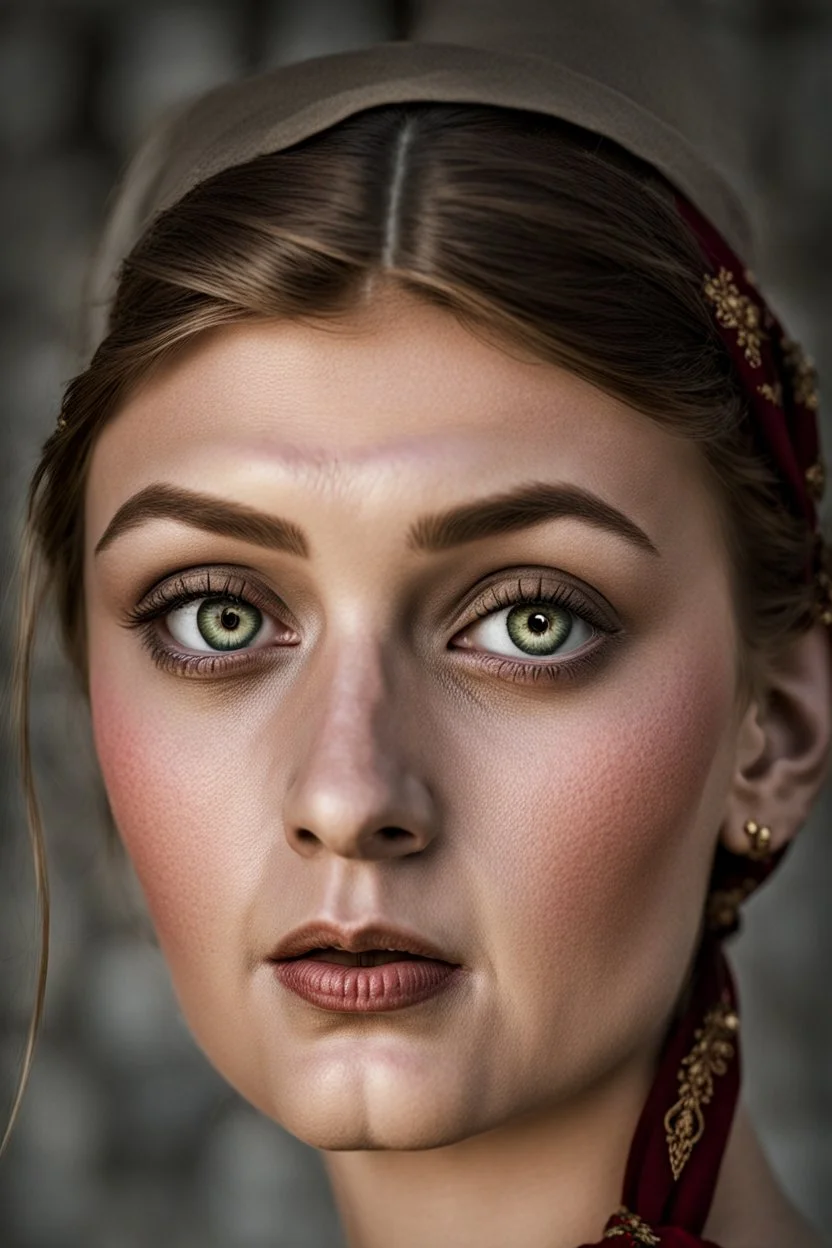 portrait a dark blonde young married woman in authentic Hungarian sárköz folk costume and short red woman headscarf , look at the camera, high realistic, high qulity, detailed, sad, beauty, perfect photo