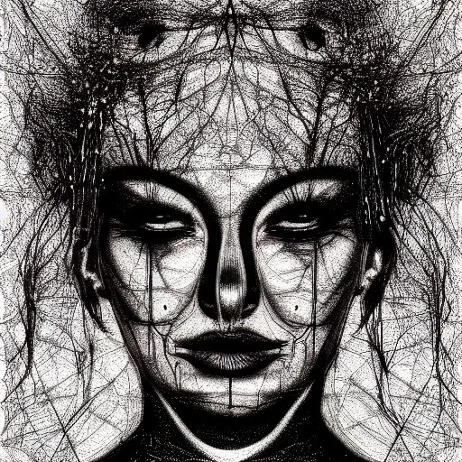 Silver on black paper portrait of female face of migraine, face distorted with pain, reverse colors, screaming, tears streaming from eyes, colorless, glitchcore, dystopian, horror, ultra realist texture, intricate line drawing,